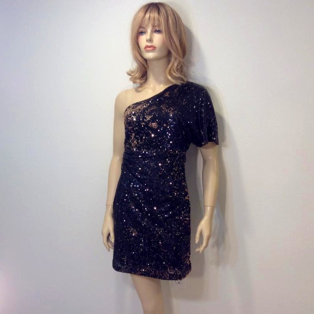 SEAN Collection one shoulder black & gold sequin bodycon mini dress NWOT Size 4